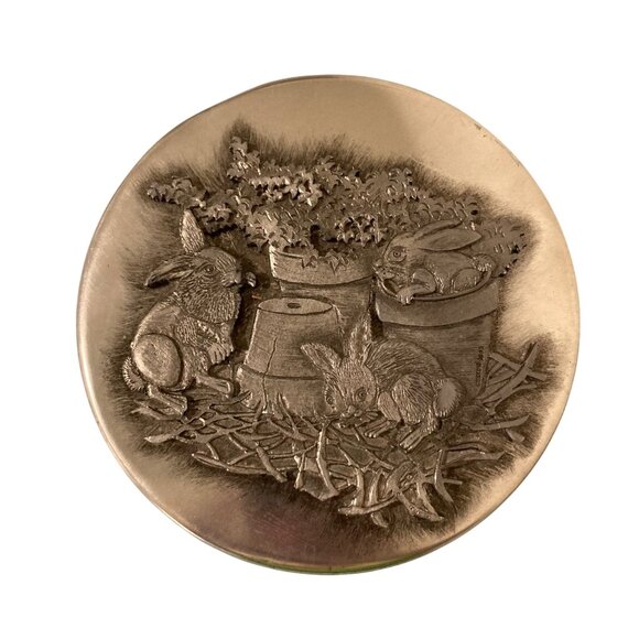 Metzke Cookie Tin Vintage Pewter Embossed Bunny Rabbits in a Garden - Picture 1 of 7